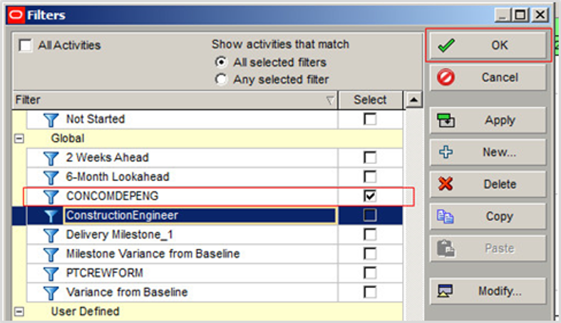 Primavera P6 Activities Filtering